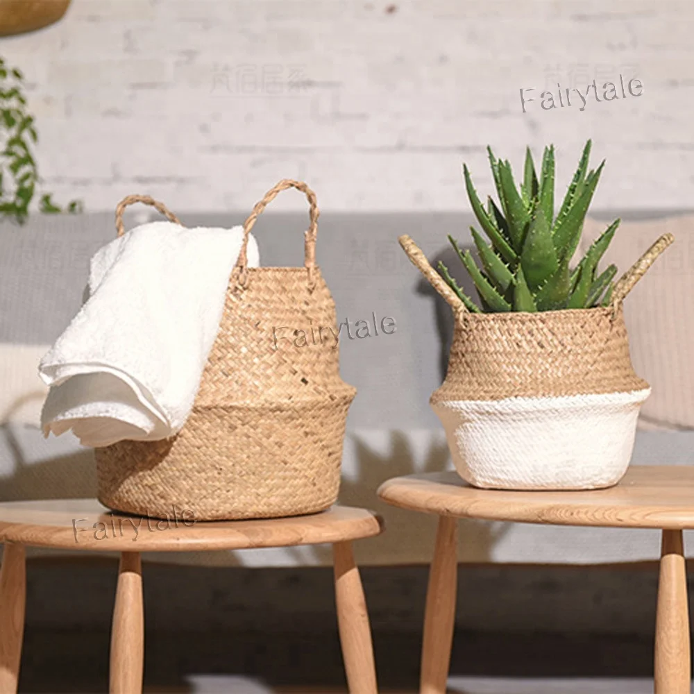 

Natural Craft Tote Small Rattan Seagrass Straw Weave Belly Basket Handbag Woven Straw Beach Bag, Primary color, white, gray, blue or customized