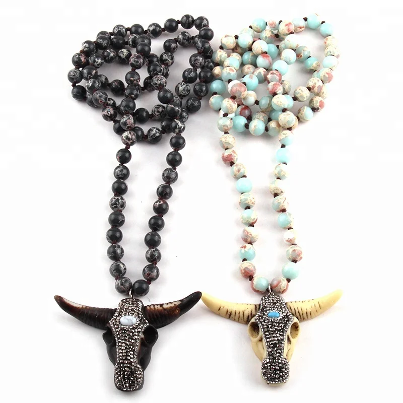 

Fashion Bohemian Empire Stones Beads Knotted Bull head Pendant Necklaces Women Necklace, Picture
