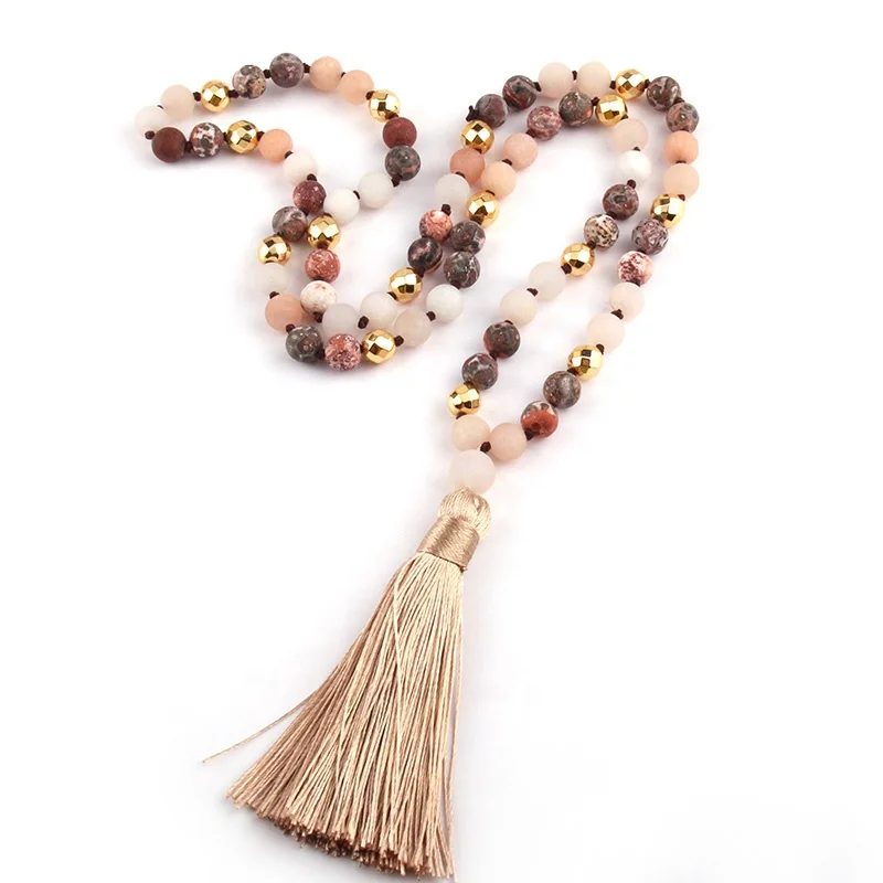 

Fashion Natural Stone Leopard Stripe beads Knotted Long Tassel Necklace