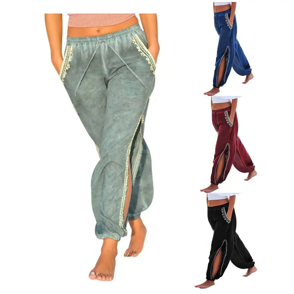 Soft Waist Split Wide Leg Dance Flare Pants Women Beach Loose Long Palazzo Harem Capri summer pants women