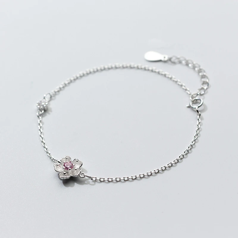 

Trendy 925 Sterling Silver Pink Crystal Flower Bracelets Jewelry