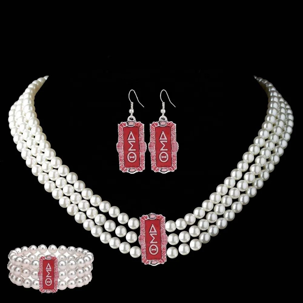 

Fashion Red Square Pearl Necklace Earring Bracelet Sorority Jewelry set, Picture