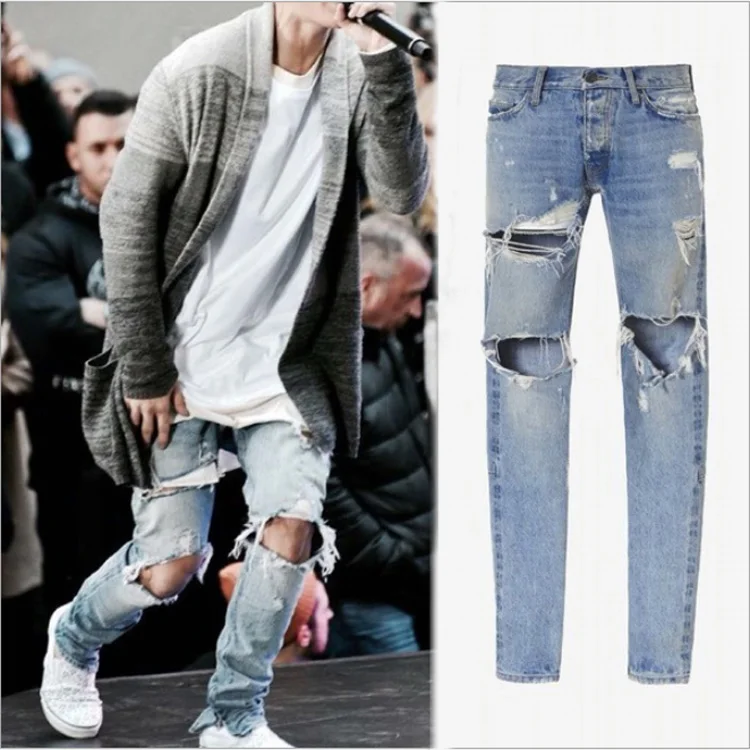 

New men's jeans biker jeans big destruction hole trousers zipper Slim high street jeans men's elastic trousers, Picture color