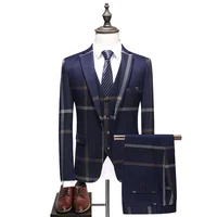 

High Quality Fashion Plus Size 5xl Mens Navy Blue Plaid 3 Piece Suit Wedding