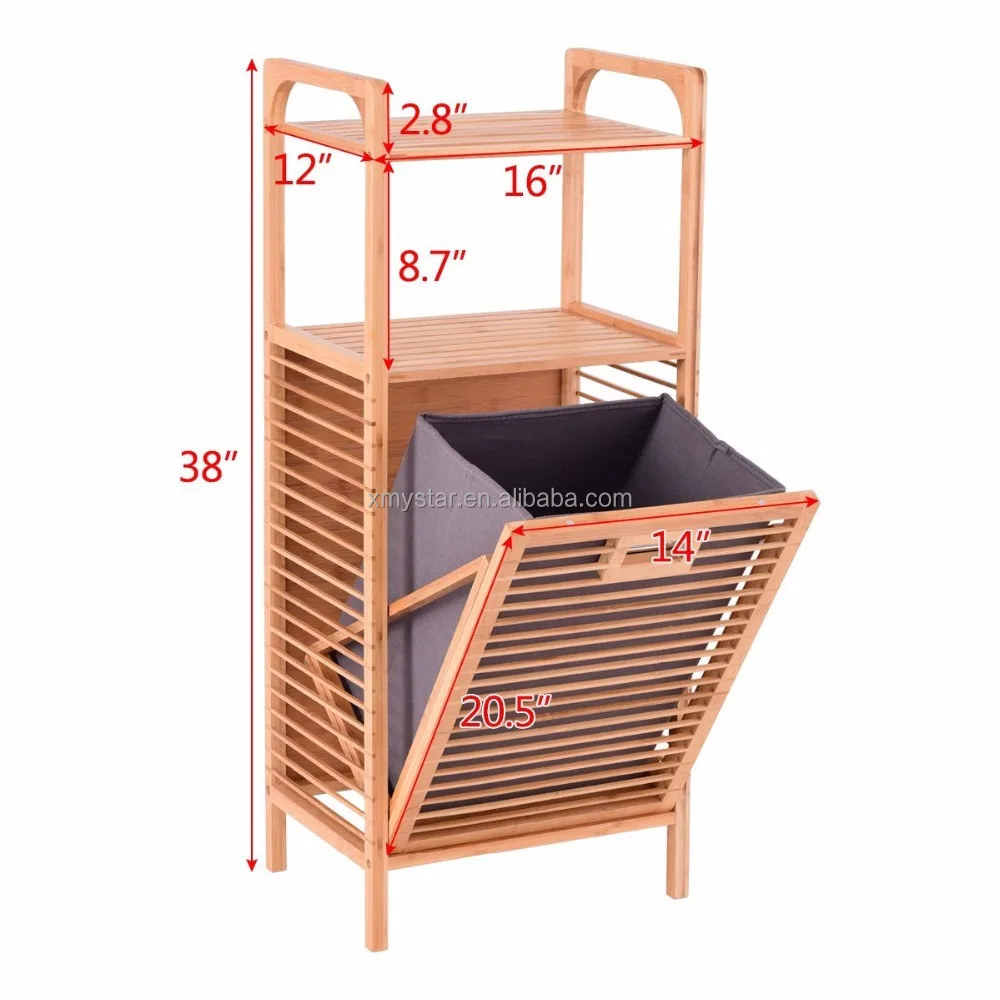 
Tilt-Out Bamboo Laundry Hamper Slat Frame Space Saving Storage with Shelf & Removable Liner, Perfect for Bathrooms factory BSCI 