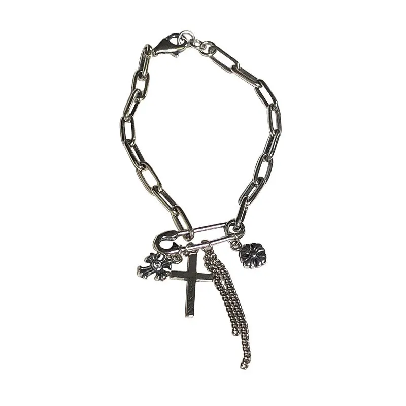 

New Delicate S925 Sterling Silver Bracelet Hipsters Thai Silver Retro Style Rock Personality Chain Pin Cross Bracelet