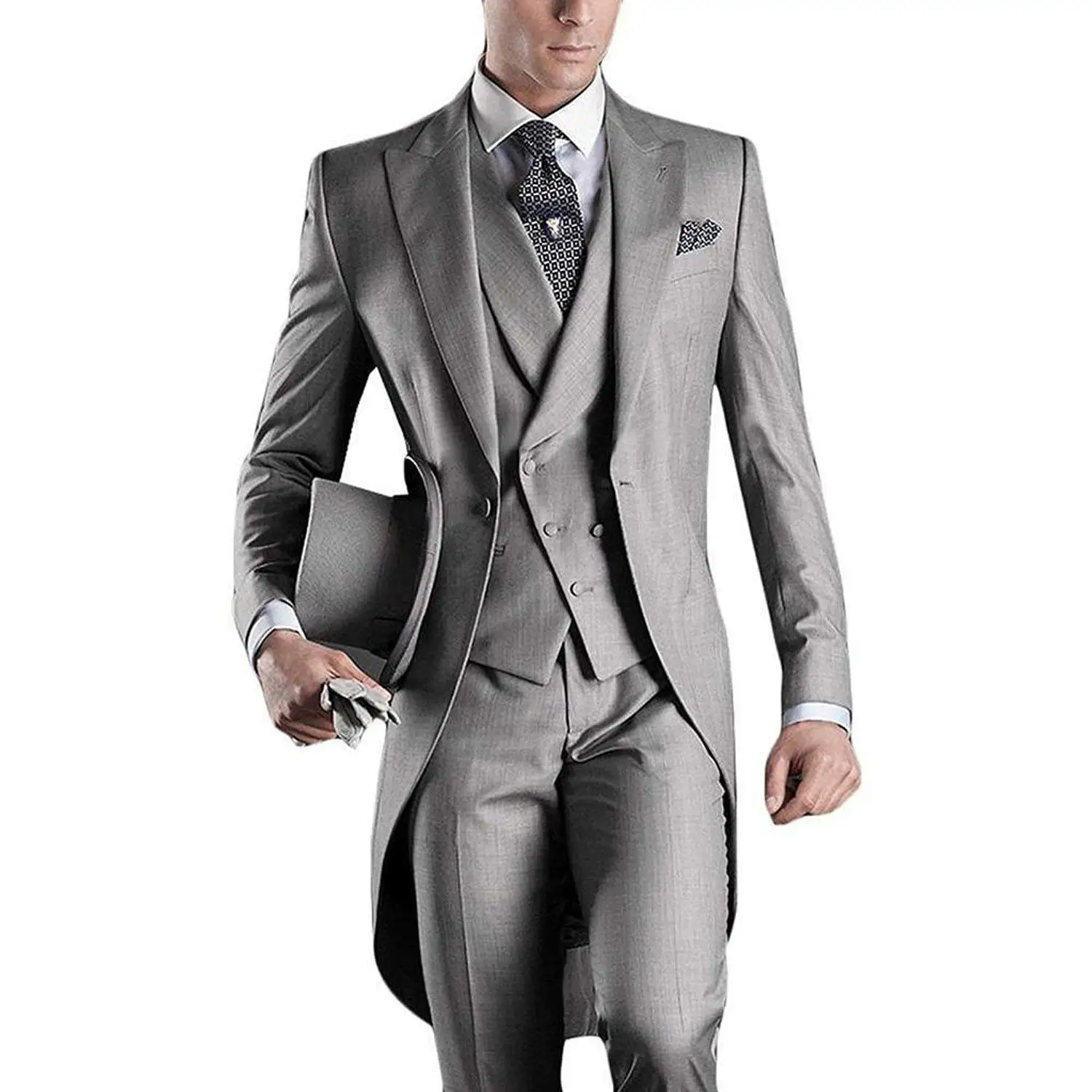 black suit jacket with gray pants