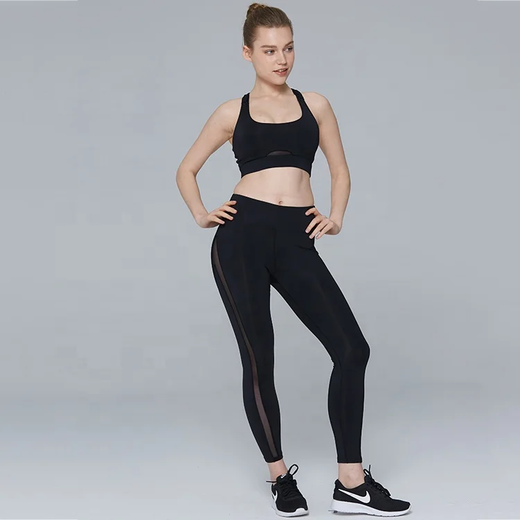

Low moq custom mesh fitness clothing fashion girls yoga pants activewear sets, Black
