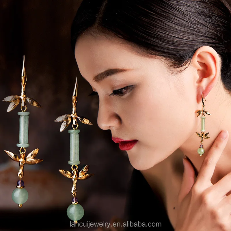 

High Quality Retro Gold Plate Bamboo Long Earrings Chinese Style Gold Plate Dong Jade Earrings, Picture