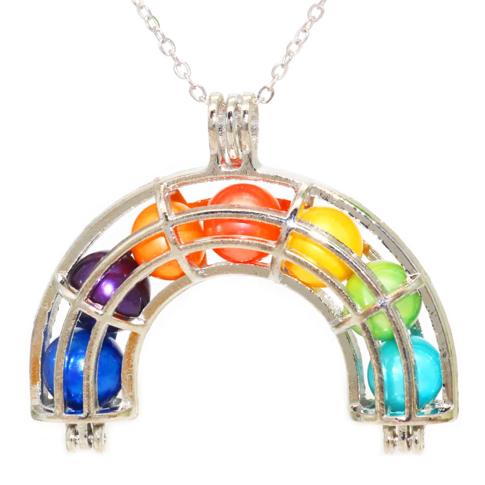 

Creative Rainbow Pearl Cage Pendant Silver Necklace Color Round 7-8mm Pearl Lovers Great Gift