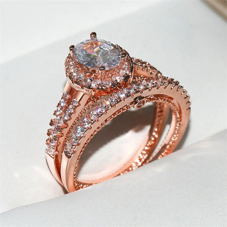 

2pcs Cubic Zirconia Ring Set Luxury Stackable Double Rings For Women Rose Gold Filled Retro Jewelry Accessories