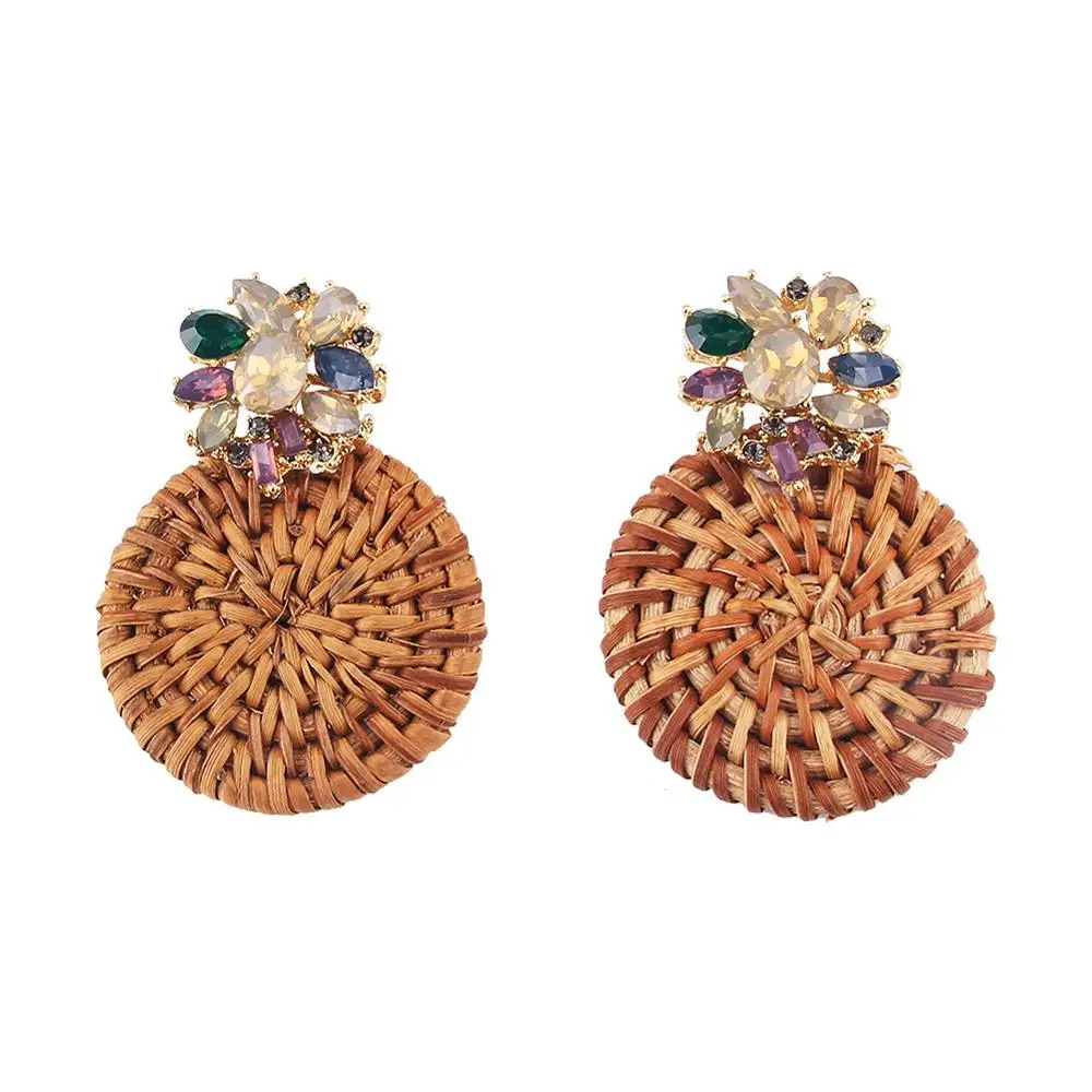 

2020 Personalised Earring Crystal Flower Drop Earrings Women Boho Ethnic Bamboo Statement Earrings Handmade Rattan Knit Jewelry, Yellow