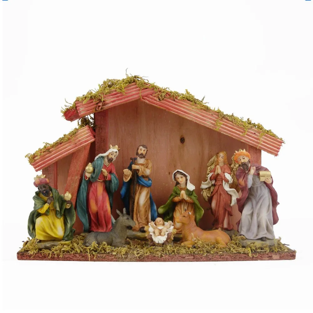 Catholic Figurines Wholesale Custom Resin Craft Baby Jesus Mary Joseph Holy Family Nativity Set with Wood Stable