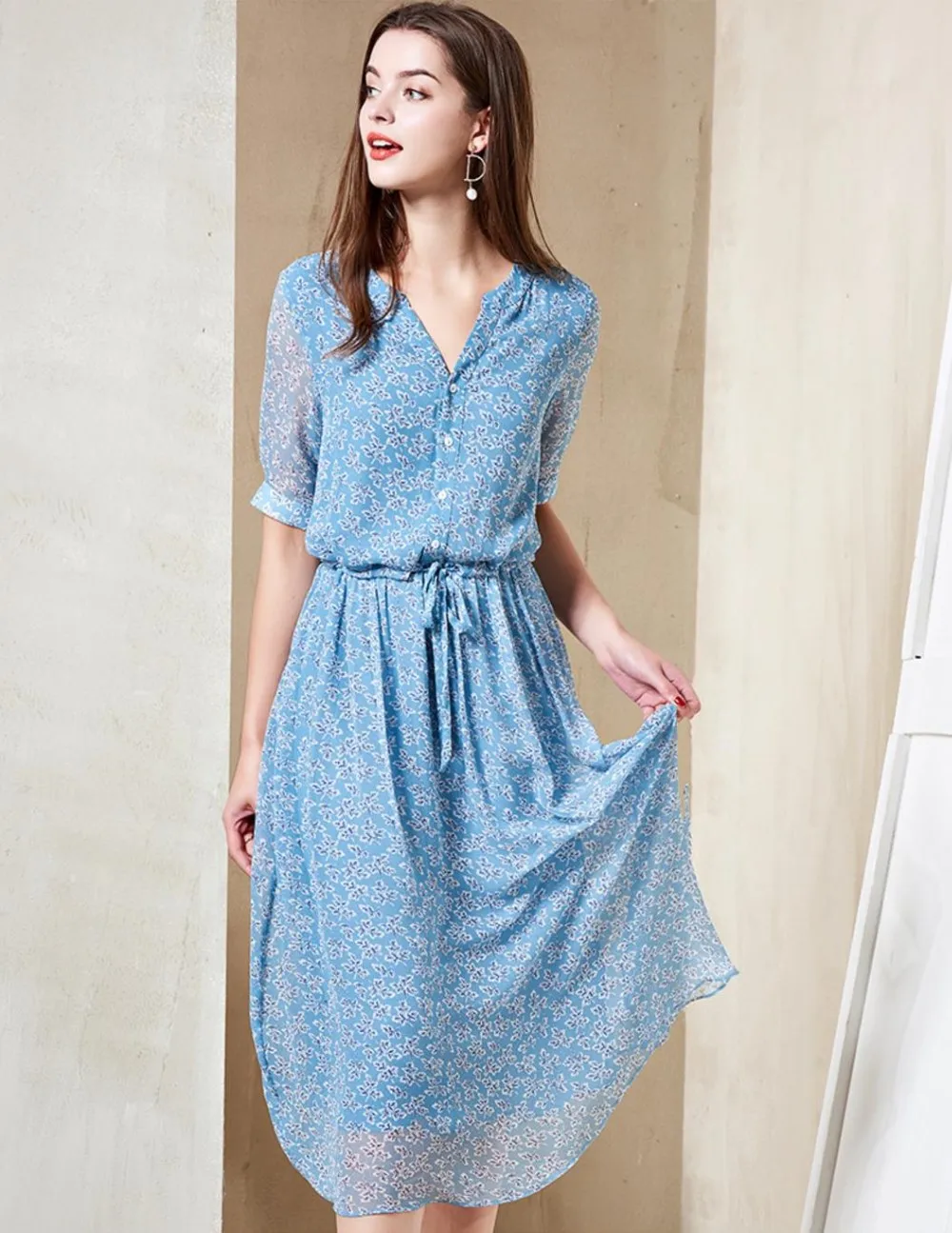 Ladies Blue Knee Length 100% Silk Dress - Buy Women Summer Dress,Royal ...