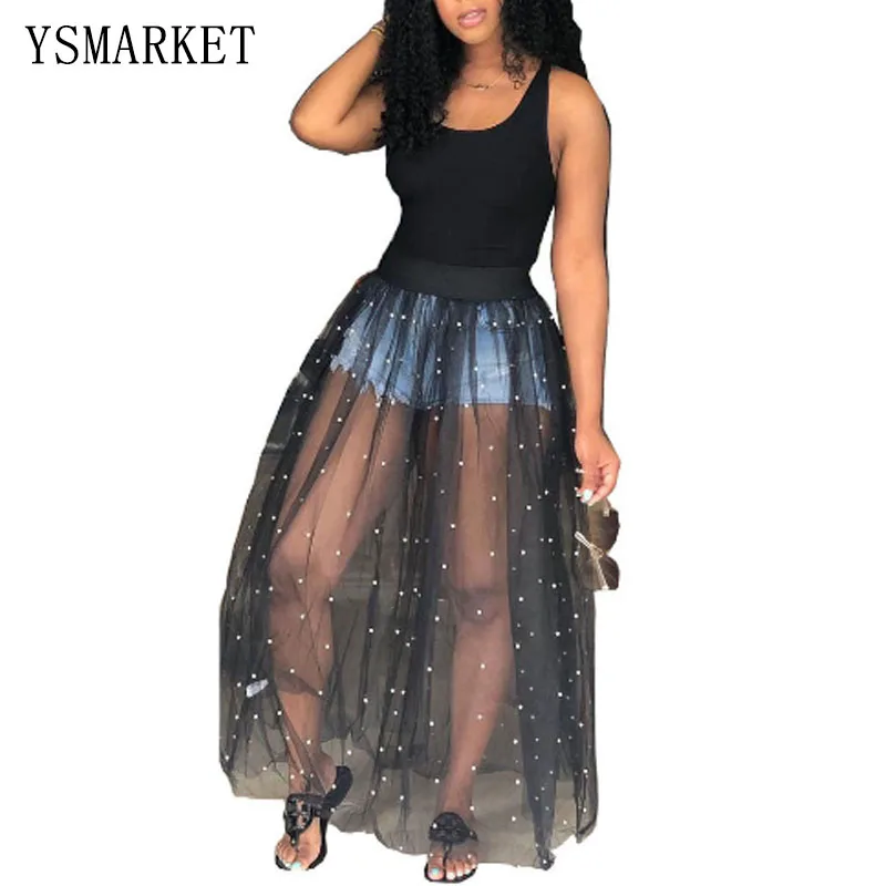 

YSMARKET Sleeveless Summer Dress Sexy Black Tank Top Splice Pearl Mesh Perspective Maxi Long Club Dresses For Women Clothing