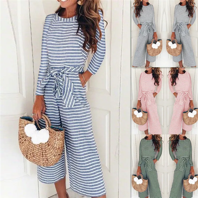 

Wholesale Fashion Women Summer Striped Jumpsuit Bow Tie Sleeveless Jumpsuit Wide Leg Pants, As pic