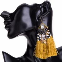 

Yellow Handmade Fringe Thread Tassel Statement Drop Earrings Charm Rhinestone Wooden Beaded Tassel Earrings for Girls