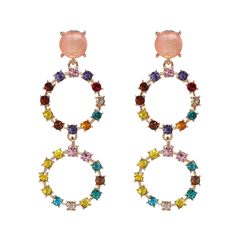 

50% Discount Shipping,Nickel And Lead Free,Statement Colorful Crystal Rhinestone Double Circle Drop Earrings For Girls, As picture