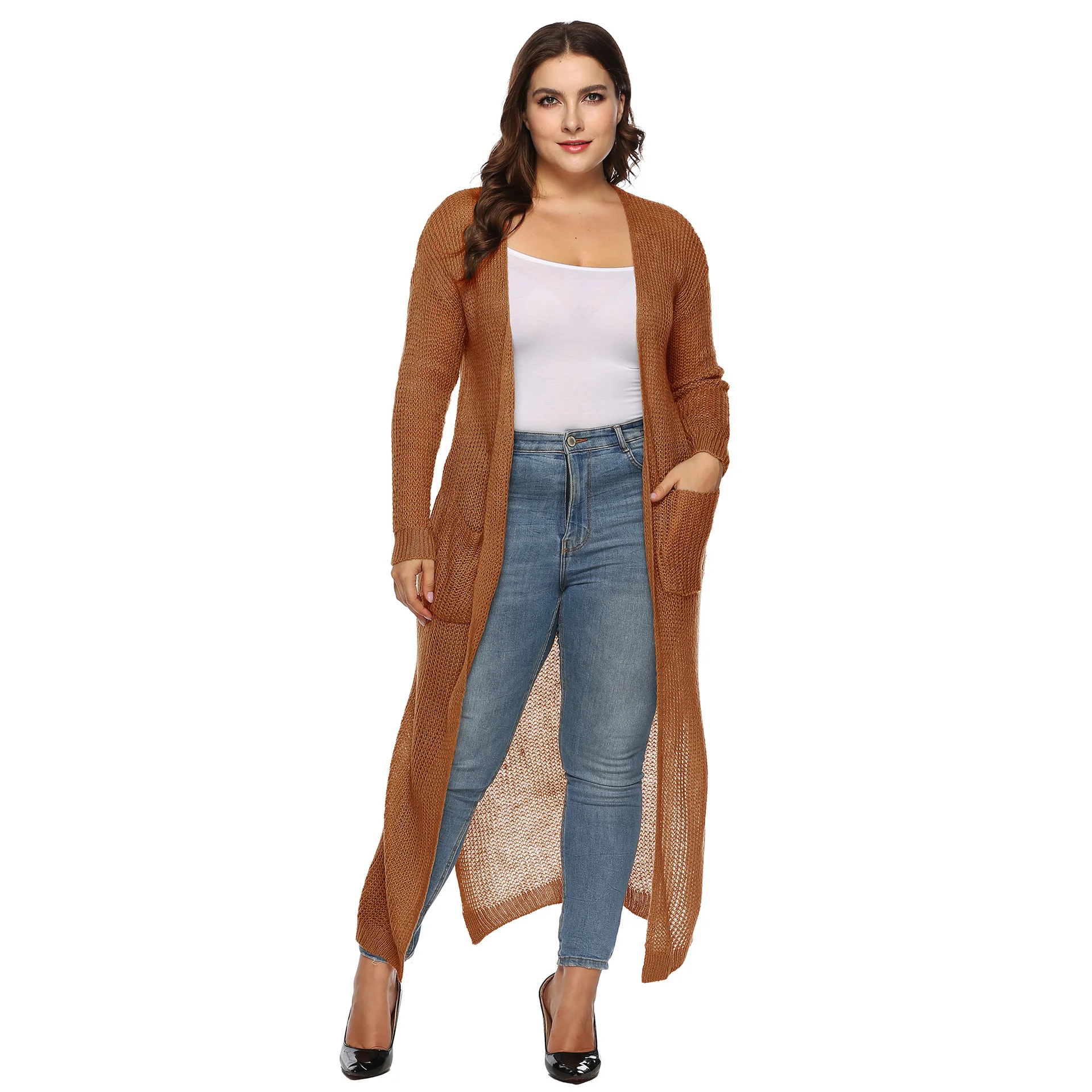 

wholesale women clothes long oversized cardigan sweaters hollow out open front cardigan with pocket Multiple Color