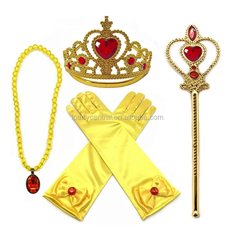Princess Belle Gold Dress Up Party Accessories 4 Set Gloves.tiara.wand