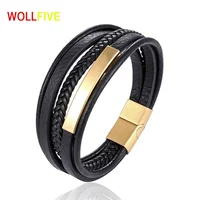 

Jewelry Male Hand Made Woven Engraved Stainless Steel Custom Genuine Braided Magnetic Metal Button Clasp Men Leather Bracelet