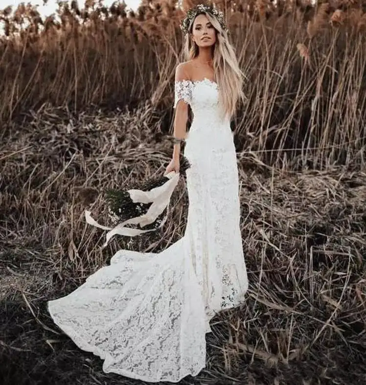 

ZH4001G Elegant Boho Lace Wedding Dresses 2019 Country Style Off The Shoulder Short Sleeves Bridal Dresses Beach Wedding Gowns, White;ivory