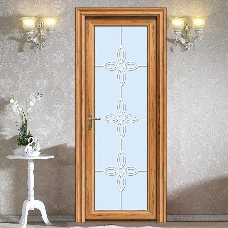 Aluminium alloy frame tempered modern interior bathroom wooden door with elegant glass design