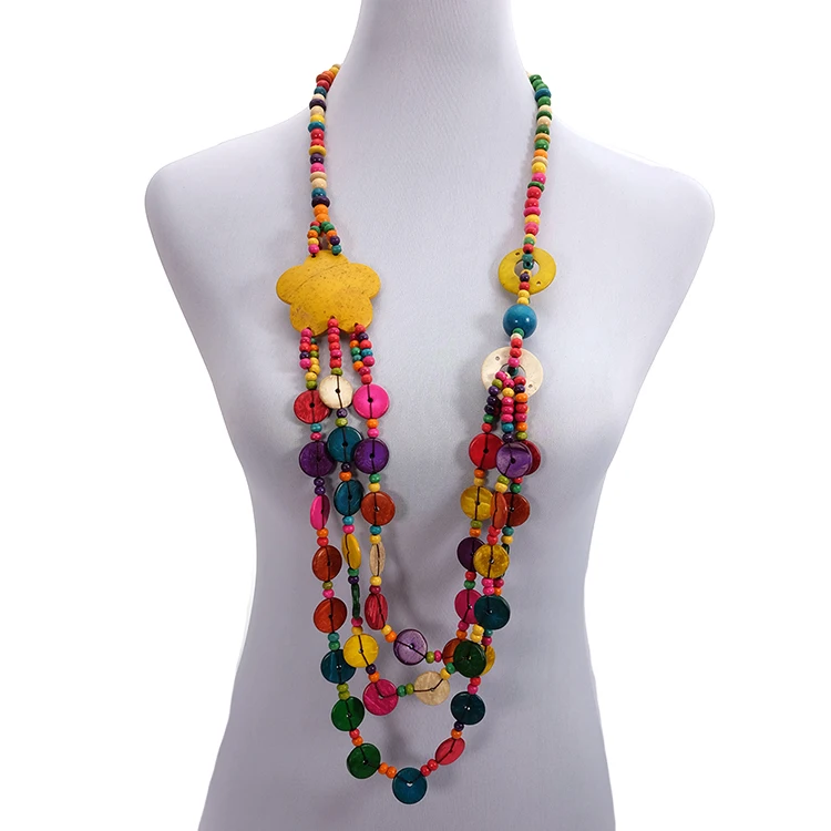 

Wholesale Multi Color Coconut Shell Knit Handmade Wood Beads Ethnic Long Flower Pendant Bohemian Necklace for Women Jewelry