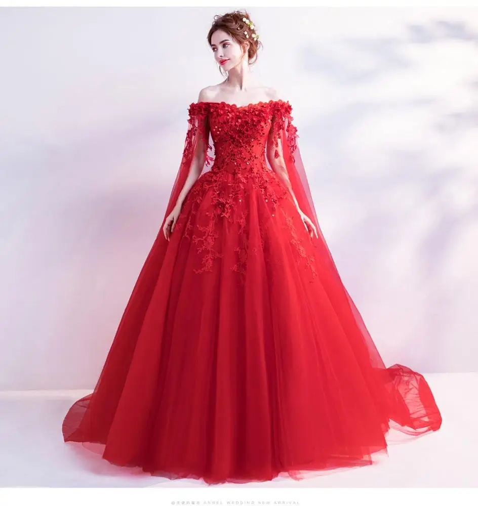 Long Tulle Off Shoulder Lace Cape Ball Gown Wedding Dress Bridal Wedding Red Floral Dresses