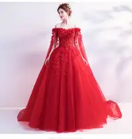 

Long Tulle Off Shoulder Lace Cape Ball Gown Wedding Dress Bridal Wedding Red Floral Dresses