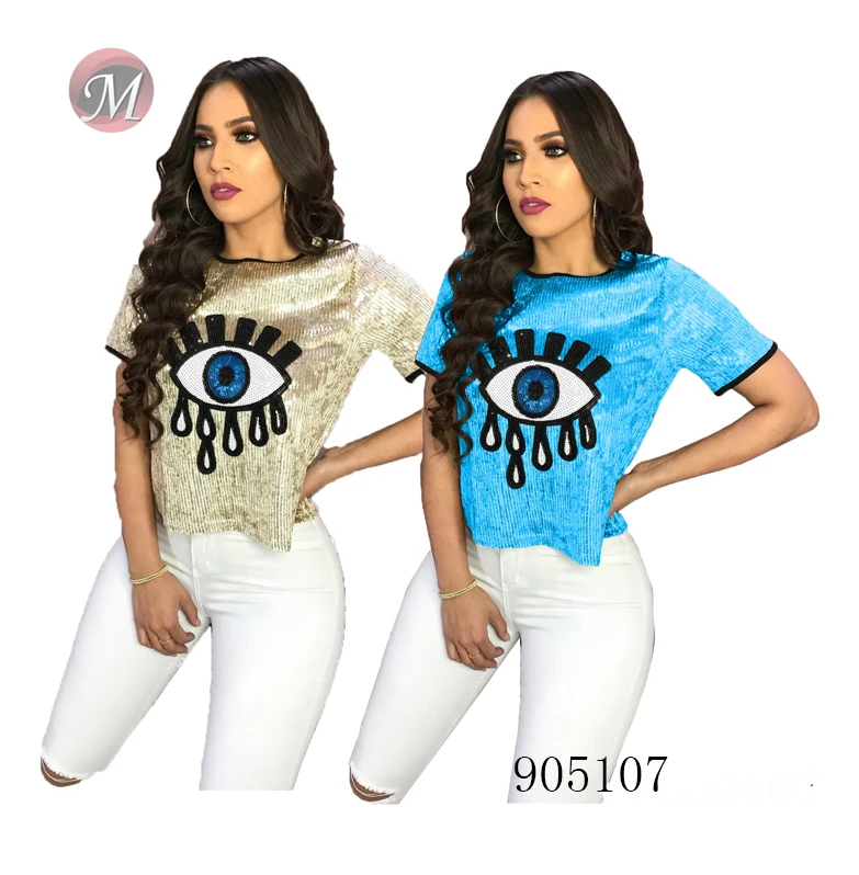 

9050107 Fashion casual big eye appliqued short sequined t-shirt club wear women clothing queenmoen, N/a