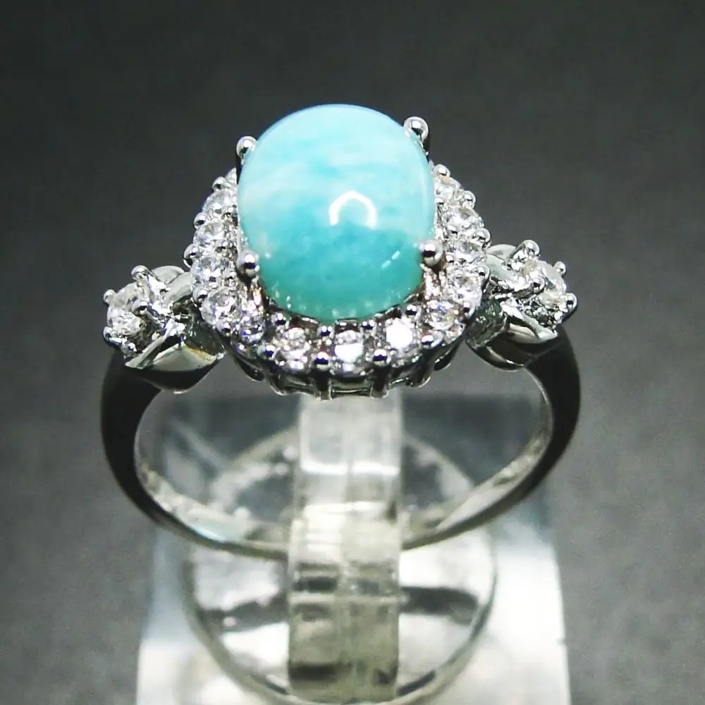 

Genuine Natural Dominican Larimar & White Topaz Inlay 925 Sterling Silver Ring size, Blue