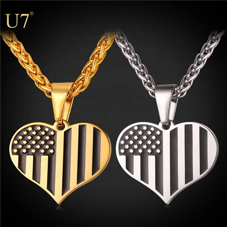 

U7 USA Symbol men heart pendant necklace with 316L stainless steel chain America Flag necklace women