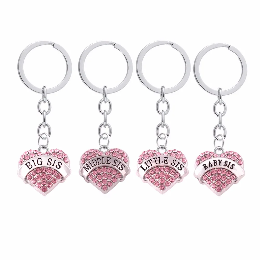 

HuiLin Family Jewelry Silver Pink Crystal 4 pcs Big Mid Little Baby Sister Love Heart Key Chain Women Girl Gift, Red/blue/pink/clear