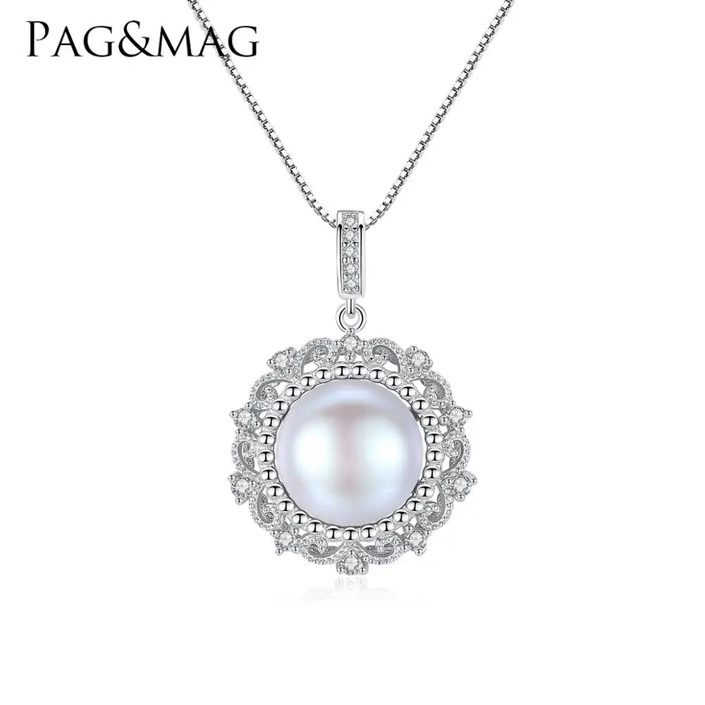

PAG&MAG Luxury Flower Shaped 925 Sterling Silver Fine Jewelry Women Freshwater Cultured Pearl Pendant Necklaces