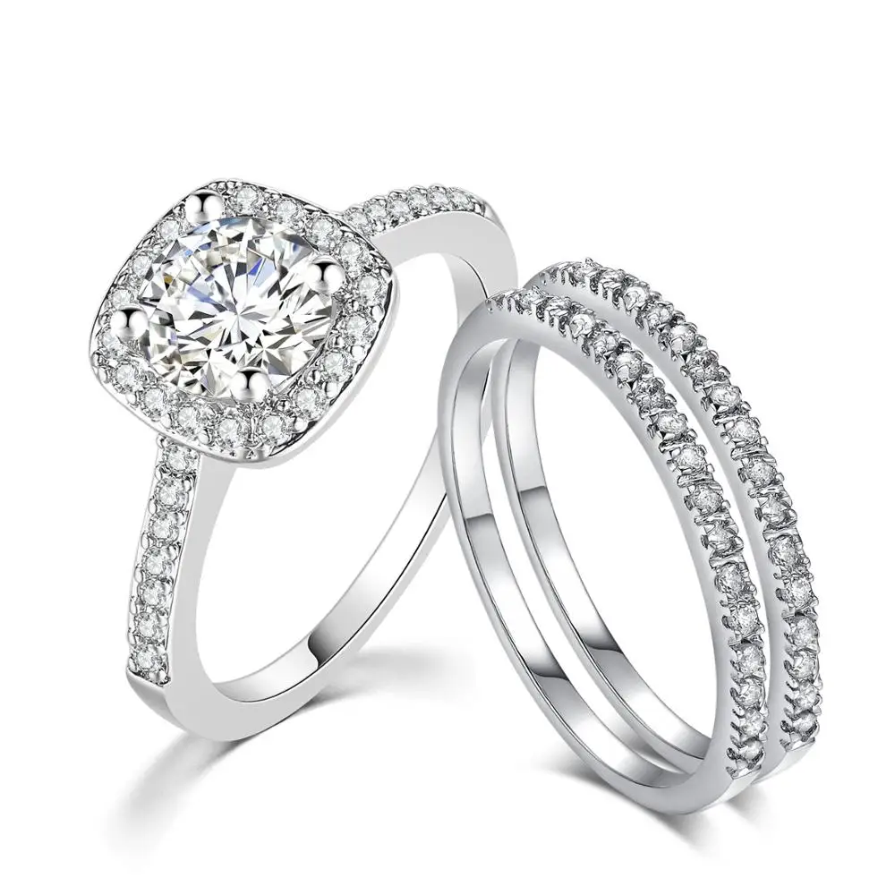 Amazon Hot Sale Women Jewelry White Gold Plated CZ diamond Three Piece Wedding Engagement Ring Sets Bridal Band SR531