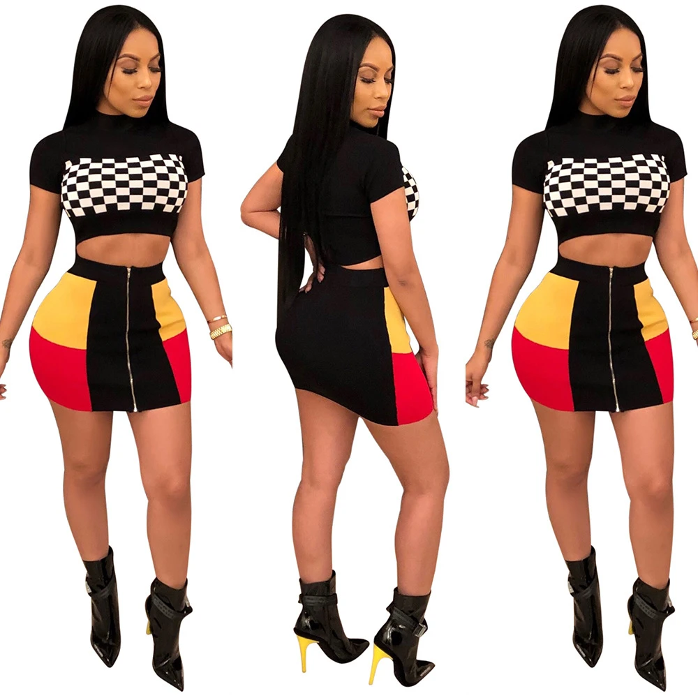 

WNAA7023 sexy plaid crop top and skirt women two piece outfits, N/a