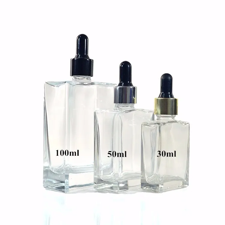 Luxury Essential Oil Frosted Clear 15ml 30ml 50ml 100ml Rectangular Flat Square Glass Dropper