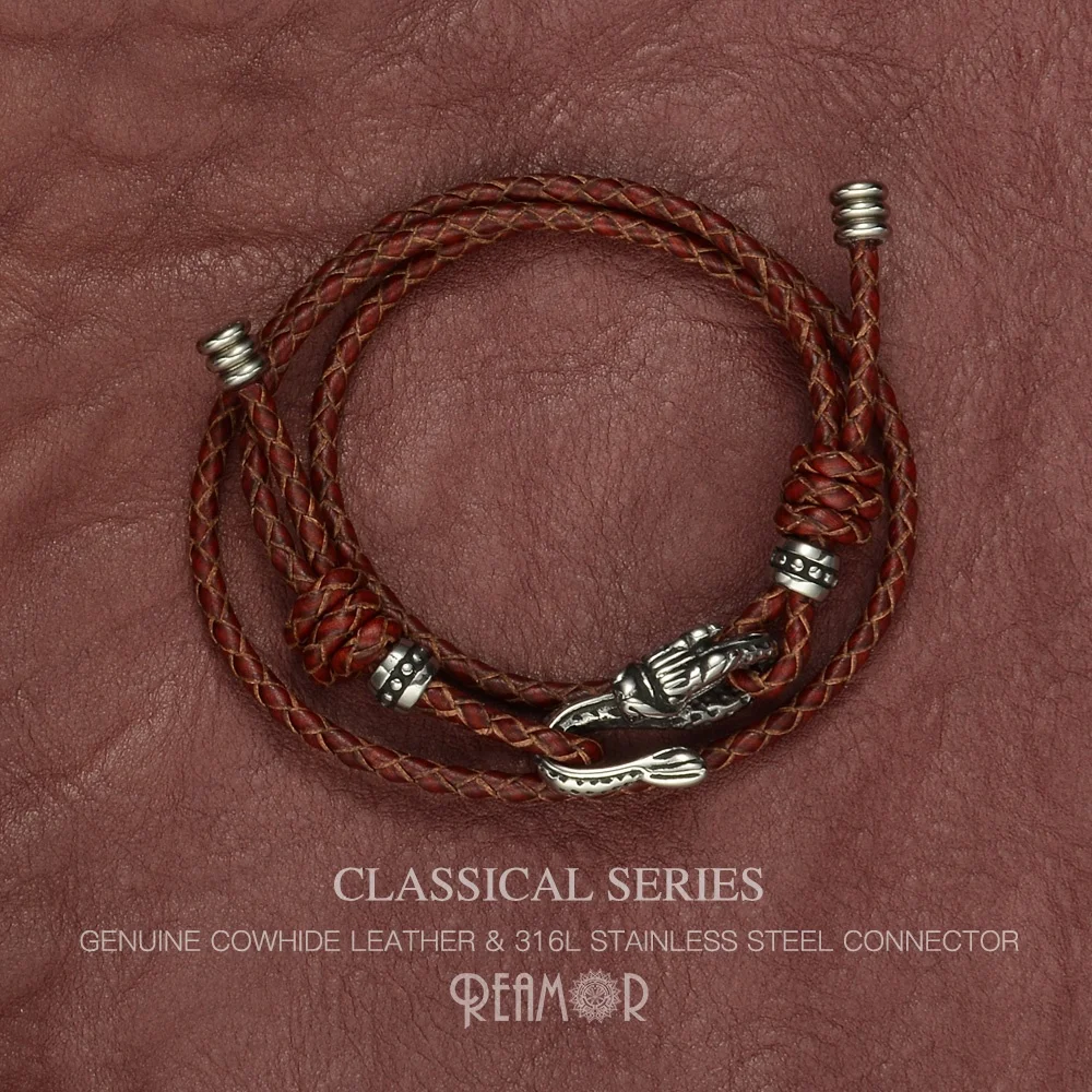 

REAMOR Multi-layers Adjustable Braided Genuine Leather Rope Viking Bracelets Stainless Steel for Men Women