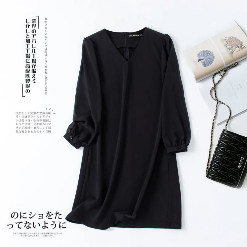 

V neck elegant design black color office lady style women long sleeve dresses