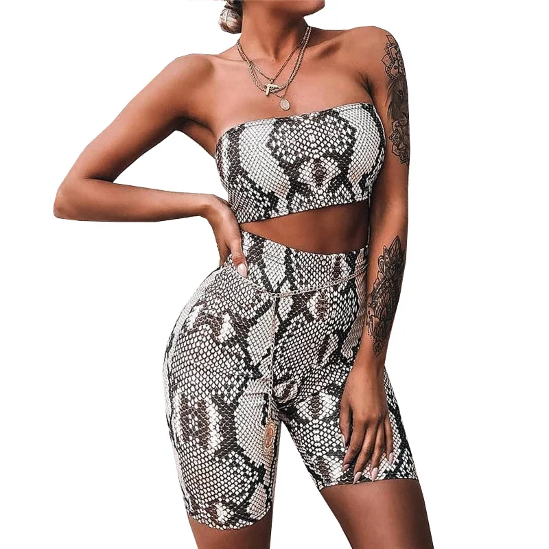 Summer Snake Skin Pattern Elastic Crop Top And Half Pants Women Two Piece Clothing Set