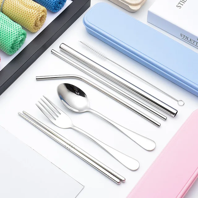 

Travel Utensils 18/8 Stainless Steel Cutlery Set and Straws With Pouch, Silver
