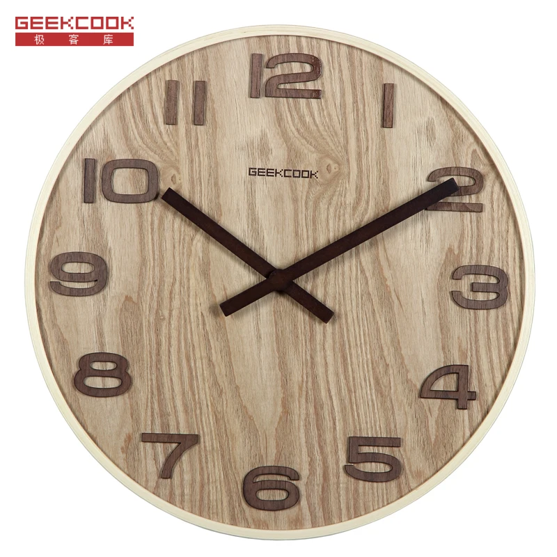 

16 inch fashion Retro wooden farmhouse Mute sweep antique modern digital wood watch wall clock wooden home decoration reloj pare, Log color;walnut color