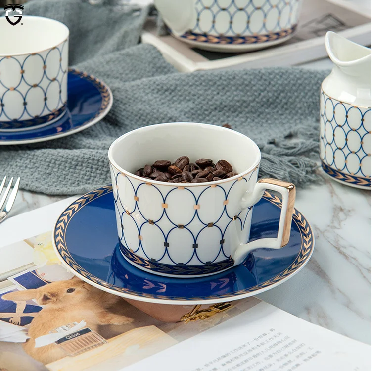 

Tangshan gold rim european luxury Royal classic Fine bone china coffee ceramic tea set cup and saucer with handle, Customized promotional mug