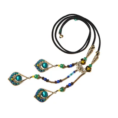 

fashion vintage exotic necklace metal peacock feather shape necklace,new glass glazed ethnic jewelry agate necklace,