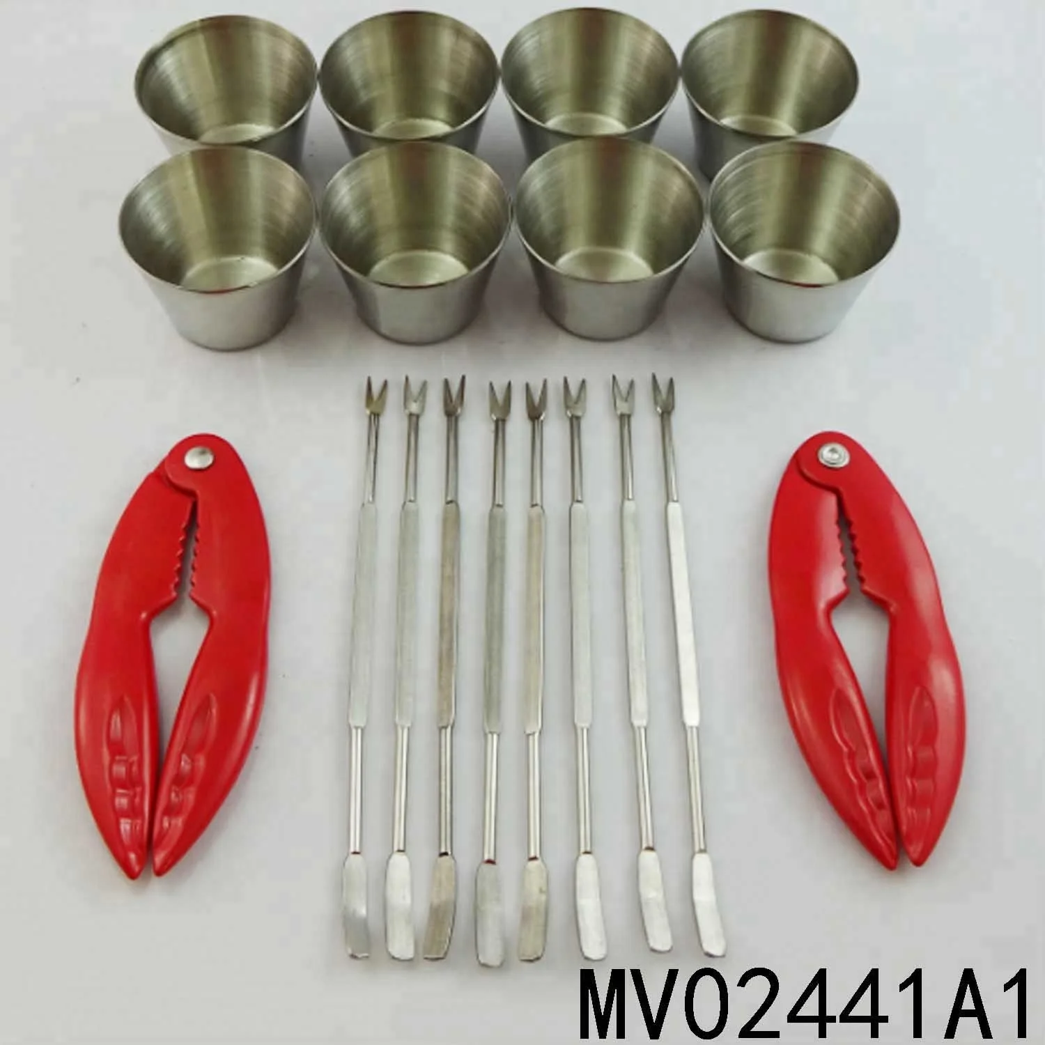 
NEW DESIGN STAINLESS STEEL SEAFOOD SERVING SETS WITH 2 LOBSTER CRACKERS 8 FORKS 8 CONDIMENT SAUCE CUPS 