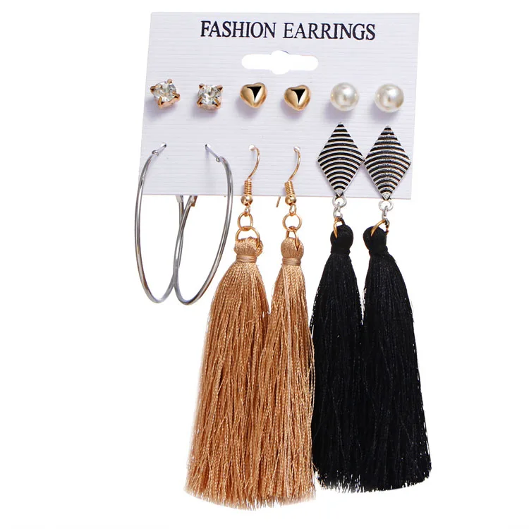 2019 fashion gold earring set jewelry 6 pairs boho hoop tassel earrings for women
