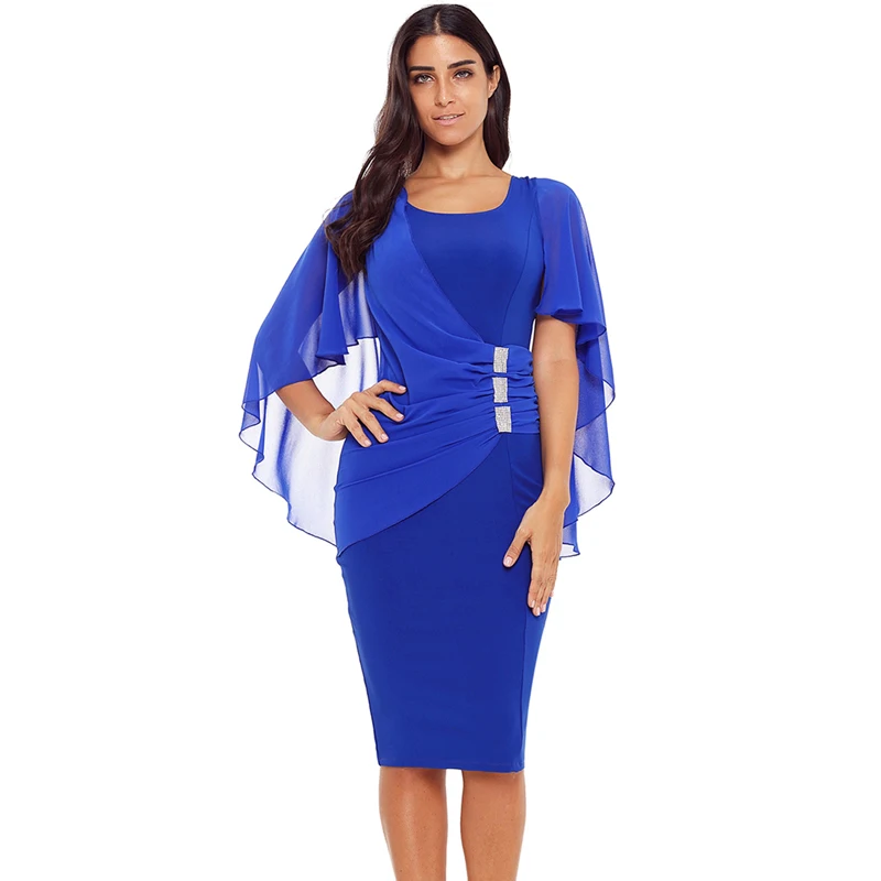 

Women Waist Pleats Rhinestone Casual Midi Dress