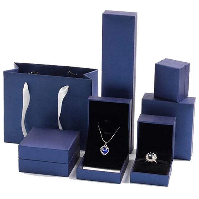 

New custom luxury design printed plastic blue leatherette paper packing box jewelry for storage jewelry set