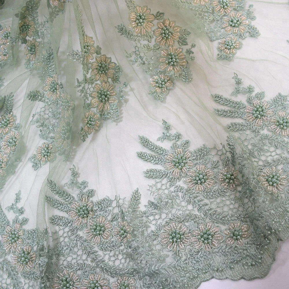 

Mini green tulle lace with beads and pearls luxury nigerian lace wedding french tulle lace fabric wholesale HY0867-4